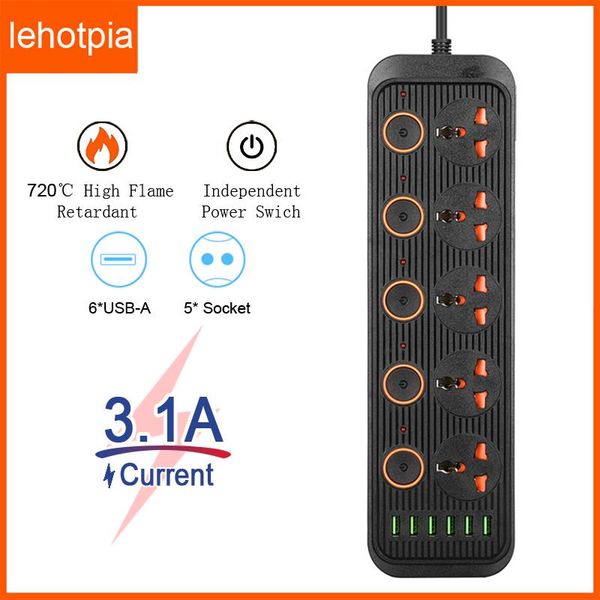 Adattatori Adattatore per spine elettriche UE/UK/US con prese elettriche per cavi di estensione 6 porte USB Smart Home Surge Protector Filtro Network