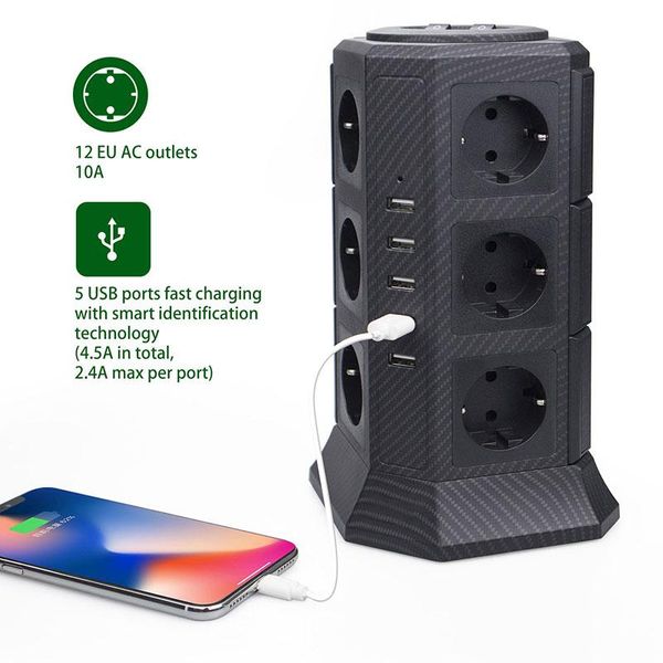 Adapter Tessan Power Strip Tower 12 EU -Outlets 5 USB -Anschlüsse mit 2 m/6,5 Fuß Verlängerungskabelstrom -Steckdose Überladungsschutz für Switch