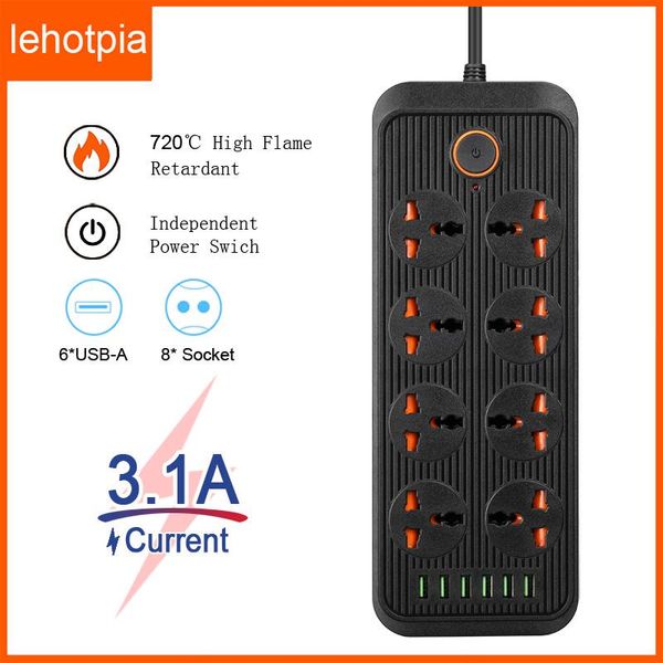 Адаптеры Lehotpia Eu/US/UK Power Poot Strip Электрическая заглушка 2M Кабель 6 USB -порты 3.1a Адаптер расширения сетевого фильтра Fast Charing