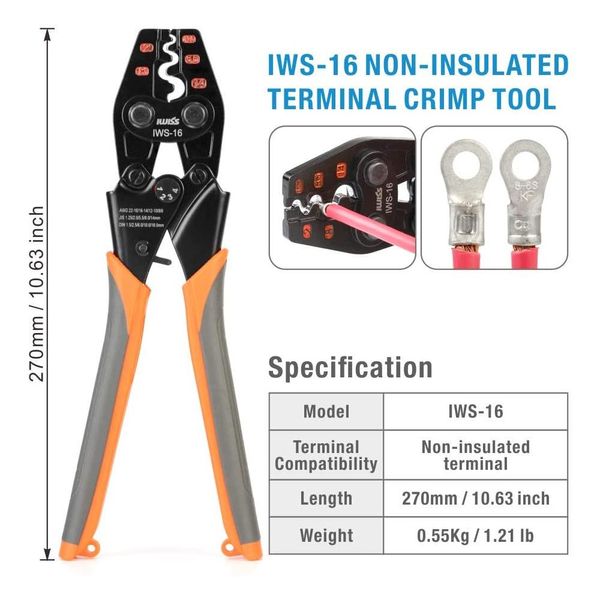 Tang IWS16 CRIMPATORE PER TERMINALI NON ISOLATI IWISS Crimpatore a cricchetto AWG 226 per pinze per crimpare terminali UT OT SC C45