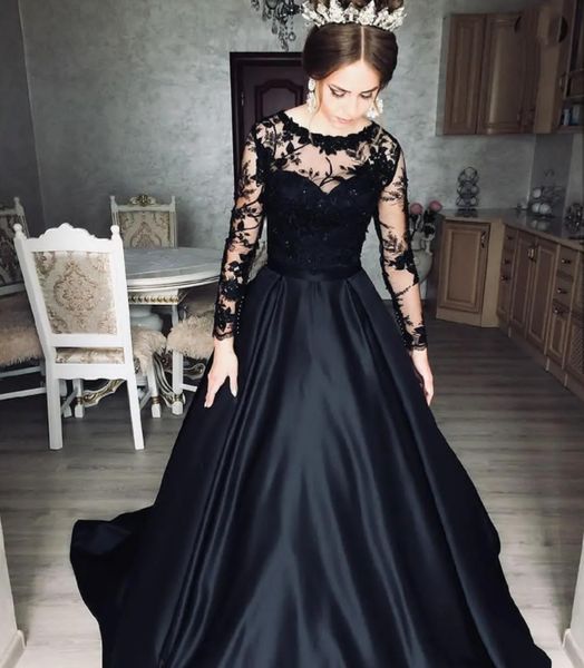 Neue schwarze Abendkleider, formelles Abschlussball-Partykleid, A-Linie, Juwel, lange Ärmel, bodenlang, Sweep-Zug, Applikation, Perlen, Satin, lange Illusion