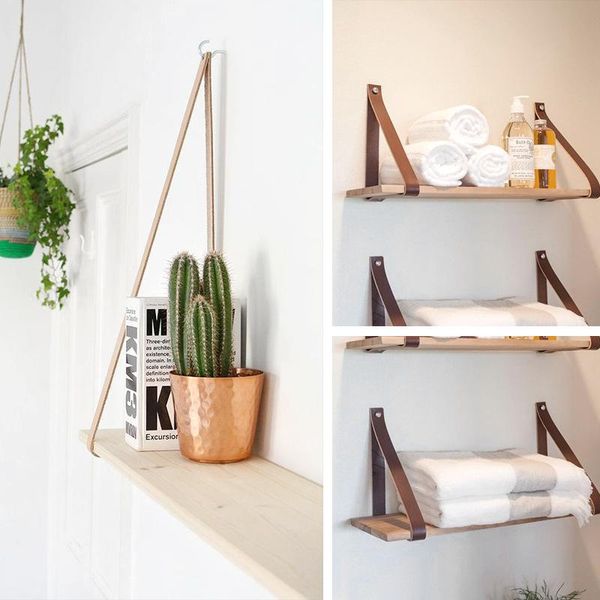 Organização casa banheiro couro do plutônio pendurado corda prateleira de madeira rack planta vaso de flores bandeja prateleiras de parede organizador nordic diy decoração para casa