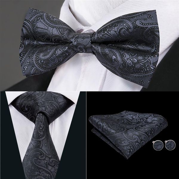 Hi-Tie Cravatta da uomo classica Cravatta in tessuto di seta floreale nera con gemelli a fazzoletto per abito da sposa da uomo Abito da moda LH-0718 D-12854