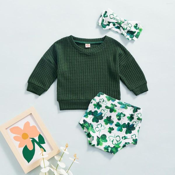 Giyim Setleri Bahar St. Patrick Günü Bebek Kız Giysileri Düz Renk Uzun Kollu Gömlek Üstleri Yonca Baskı Şort