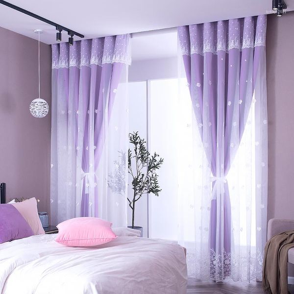 Tenda Tende oscuranti coreane per soggiorno Camera da letto per ragazze Solido sfondo rosa con stelle Hallow Tulle bianco Decorazioni per la casa