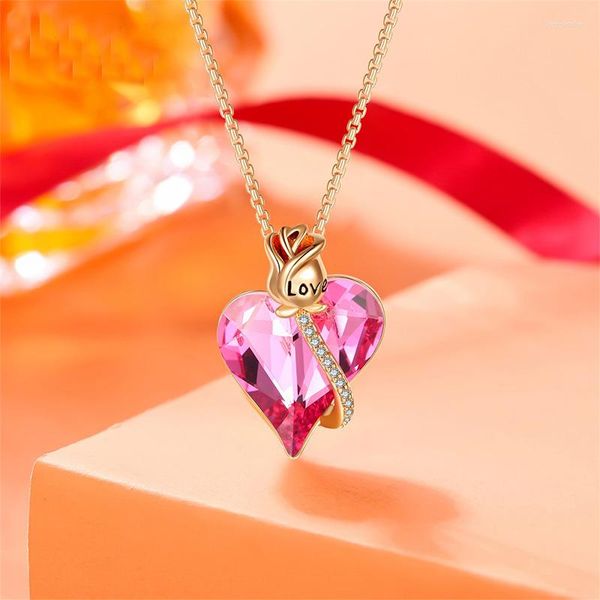 Anhänger Halsketten COCOM Romantische Rose Blume Herz Halskette Rosa Österreichischer Kristall Vergoldet Valentinstag Schmuck Geschenk für Freundin