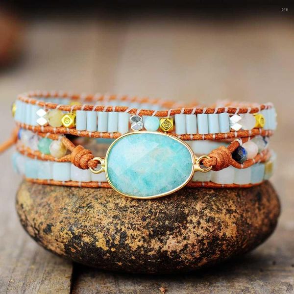 Strand Exclusive Fancy Wrap Bracelets w/ pedra natural Amazonite Crystals Triple Declaração Tripla Bracelet Bijoux Bohemian Jóias