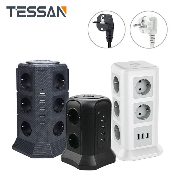 Adaptadores Torre Tessan UE Torre de tira de energia com 6 lojas AC + 4 soquete de potência do adaptador de carregador USB para plugue da UE do carregador
