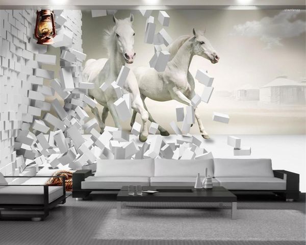 Papéis de parede 3D Papel de parede de animais Branco Cavalo através da parede HD Decorações de interiores Superior mural