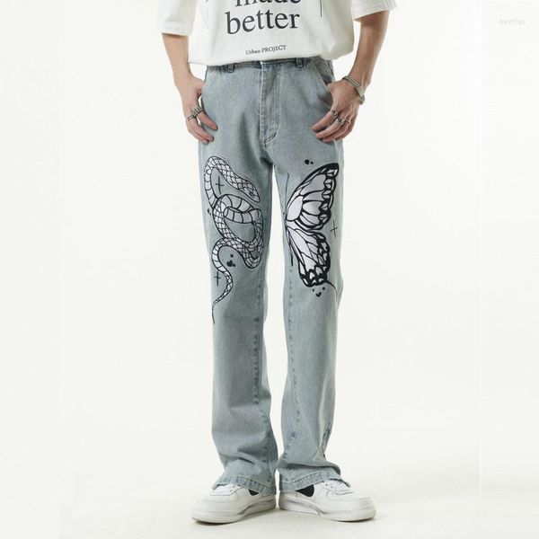 Jeans da uomo Pantaloni hip-hop oversize alla moda con ricamo farfalla serpente Pantaloni in denim stile Hi Street Y2K blu lavato