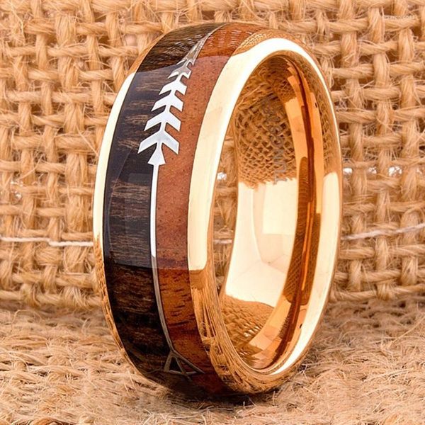 Eheringe Mode 8mm Männer Edelstahl Einfache Holz Intarsien Pfeil Verlobungsband Schmuck Geschenk für