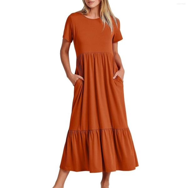 Partykleider Orange Sommer Boho Langes Kleid Frauen Casual Kurzarm A-Linie für weibliche lose Maxi mit Taschen