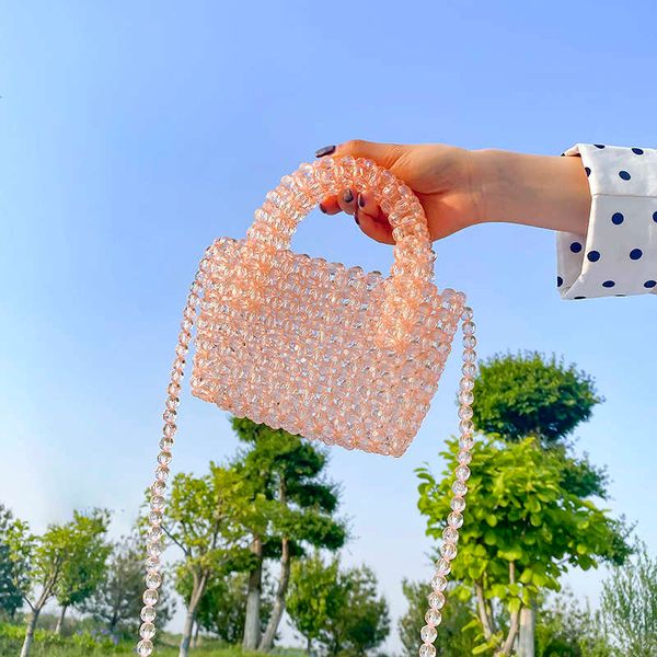 Umhängetaschen Klare farbige Kristallperlentasche Neue handgefertigte Perlen Kleine Clutch-Handtasche Mädchen Transparente Strandtasche Urlaub 230509