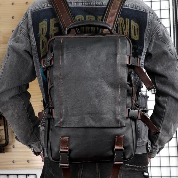 Backpack de grande capacidade para homens retro genuínos de 13,5 '' de laptop saco de trava clássica para o organizador masculino viajar