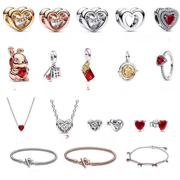 Ciondolo ciondolante in argento sterling 925, buona fortuna, sicurezza, fortuna del coniglio, busta rossa e un'esplosione di bracciale rosso con perline Pandora Charms Bracciale Accessori per gioielli fai da te