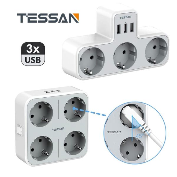 Adattatori Tessan Multi Multi Socket Eu Striscia di alimentazione 4 AC con 3 USB 5V/2.4A Switch Protector Switch da 2500 W Adattatore