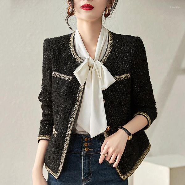 Jackets femininos outono de inverno de inverno preto branco de manga longa casacos elegantes para mulheres vintage 30% lã tweed mulher jaqueta fina de terno