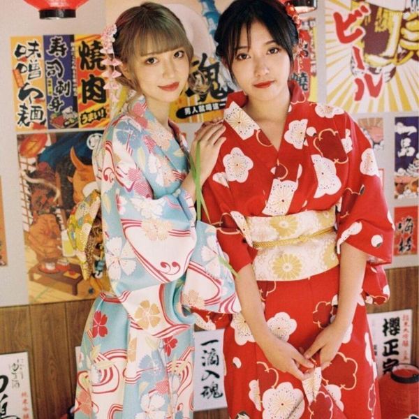 Этническая одежда кимоно платья набор женщин винтаж элегантный цветочный отпечаток для взрослых фестиваль уличная одежда азиатская сцена/стреля
