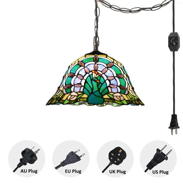 Pendelleuchten NuNu 1 Stück Tiffany-Pfauenform-Licht-Buntglas-Barock-Kronleuchter mit Plug-in-dimmbarem Kabel für Kücheninsel