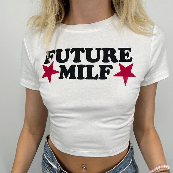 T-Shirt High Street Harajuku Retro Alphabet Sterne Mode Casual Print O Hals Kurzarm Top Kurzer Nabel Sexy Frauen Kleidung Größe Y2K