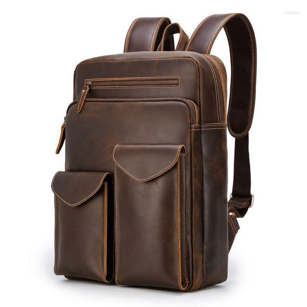 Backpack Real Genuine Leather Men Mackpacks Crazy Horse Horse Cow Stap Strap Strap