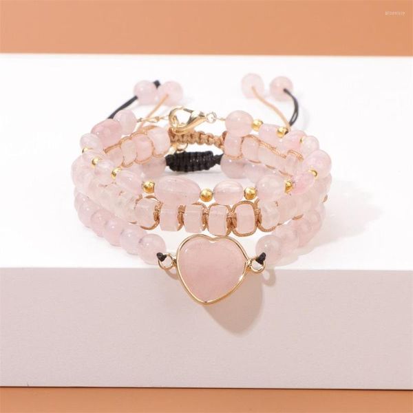 Bracelets de charme 3pcs/set quartzes rosa naturais Round Round Irregular Spacer Gems Bracelet Moda