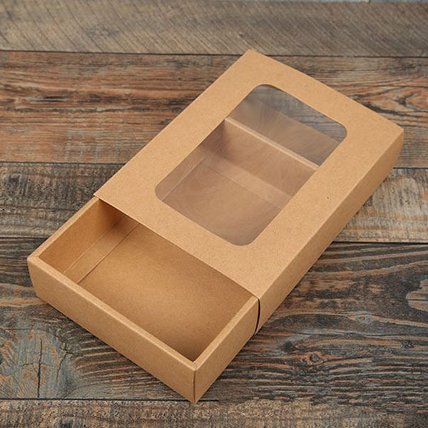 100pcs 18,5*14*4,5 cm Caixas de embalagem Kraft de papel kraft kraft com janela Kraft Paper Socks Box Boxes de gaveta artesanal