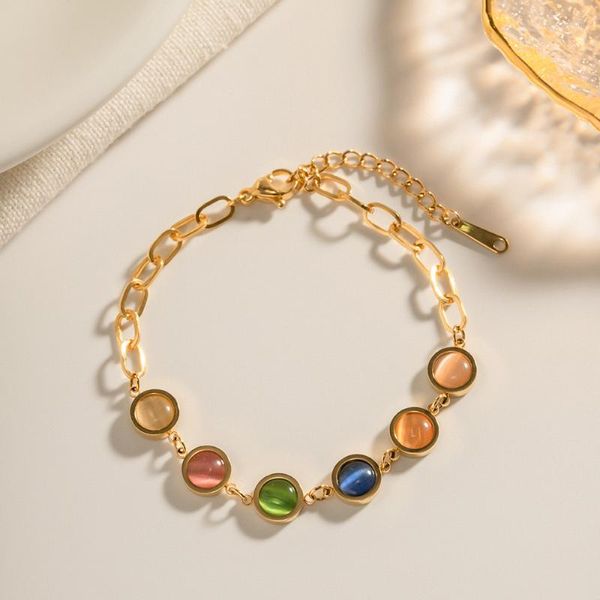 Strand Minar Bohemian Multicolor Opal Natural Stone Beaded Bracciale per le donne Gioielli in acciaio inossidabile placcato oro 18 carati