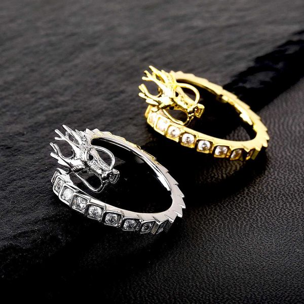 GZW China-Chic 3D Divino Dragão Ring Chinês Estilo Nacional Chinês Hip Hop Anel de manguito aberto para homens e mulheres 14K Gold penteado gelado de zircônia cúbica jóias para dedos