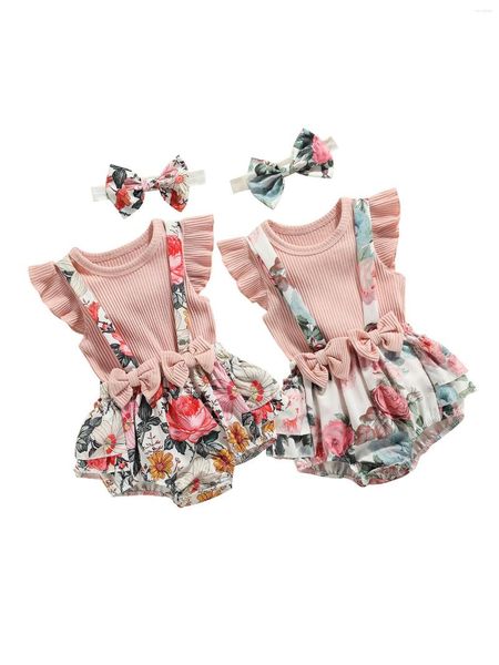 Kleidung Sets 3 stücke Baby Sommer Outfit Einfarbig T-Shirt Rose Print Hosenträger Höschen Haarband Für Kleinkind Mädchen 0-18 Monate