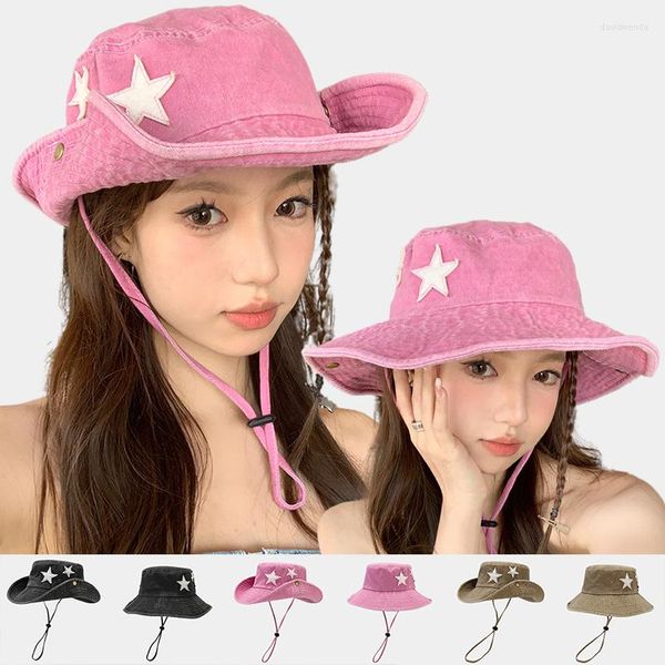 Berretti Cappelli a secchiello in denim lavato rosa Donna Ragazza Estate Ombra Cappello a tesa larga Boonie Toppa con stelle bianche Cappello da campeggio western da cowboy pieghevole