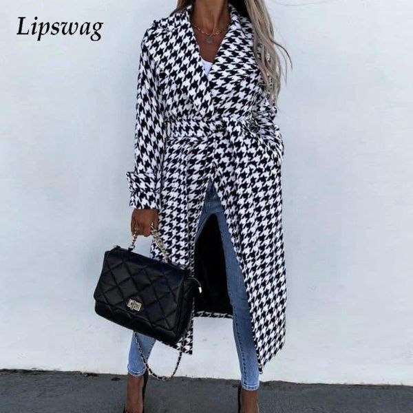 Damen Wollmischungen Retro Langarm Lady Houndstooth Outwear Winter Revers Lässiger lockerer Mantel Herbst Mode Gürtelmantel Jacke Street