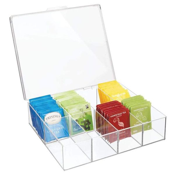 Bin de armazenamento de pagdim de chá de teaware acryl com tampa para bancadas Recipiente de despensa possui sacos de bebidas pacotes de pacotes de condimentos acessórios