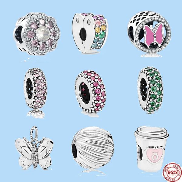 925 Sterling Silber Charms für Pandora Schmuck Perlen baumeln neue europäische Tasse Schmetterling Rose rot rosa Spacer Clip DIY