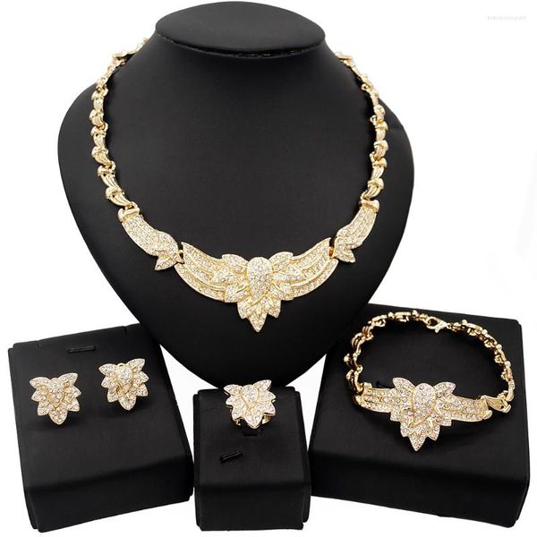 Halskette Ohrringe Set Yulaili Frauen Afrikanischer Goldfarbener Kristall Braut Hochzeit Elegant Romantischer Armreif Ring Schmuck