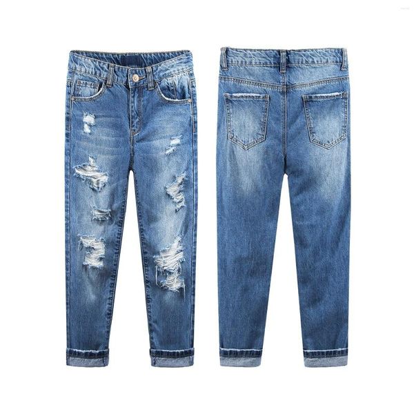 Jeans Kidscool Espaço Crianças meninas/meninos calças jeans desgastadas elástica de borda Banda dentro de buracos rasgados lavados Slim