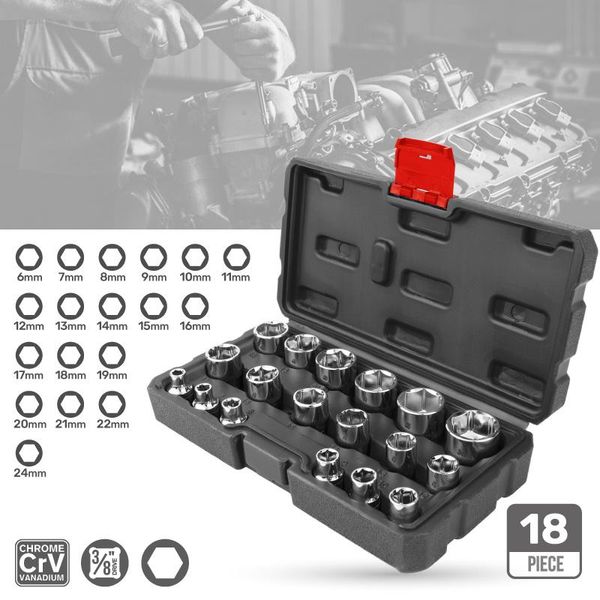 Contactdozen 18-teiliges 3/8-Zoll-Antriebs-Steckschlüssel-Set, Innensechskant-Steckschlüssel-Set, Adapter, Spiegel, kurze Steckschlüsseleinsätze, Crv, für Fahrrad- und Motorrad-Reparaturwerkzeuge, 624 mm