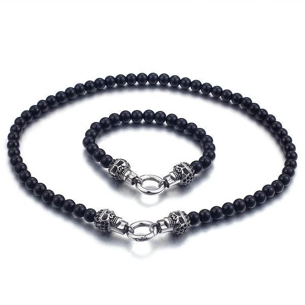 Halskette Ohrringe Set Mode Männlich Schwarz Perlen Sets Edelstahl Punk Schädel Verschluss Perlen Chocker Armband Schmuck Für Coole Männer