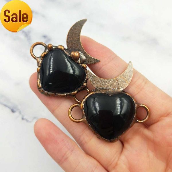 Obsidiana negra em forma de coração charme de pedra de lunar lunar bronze borda de metal geme connector Men jóias mulheres feitas artesanais feitas à mão