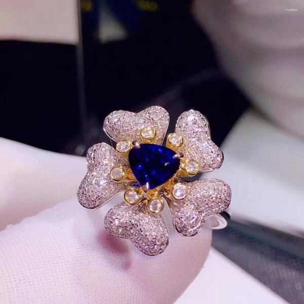 Кластерные кольца H627 Blue Sapphire Ring 1,05CT Real Pure 18 k естественный невыписный королевский драгоценный камень Стоун Стоун самка