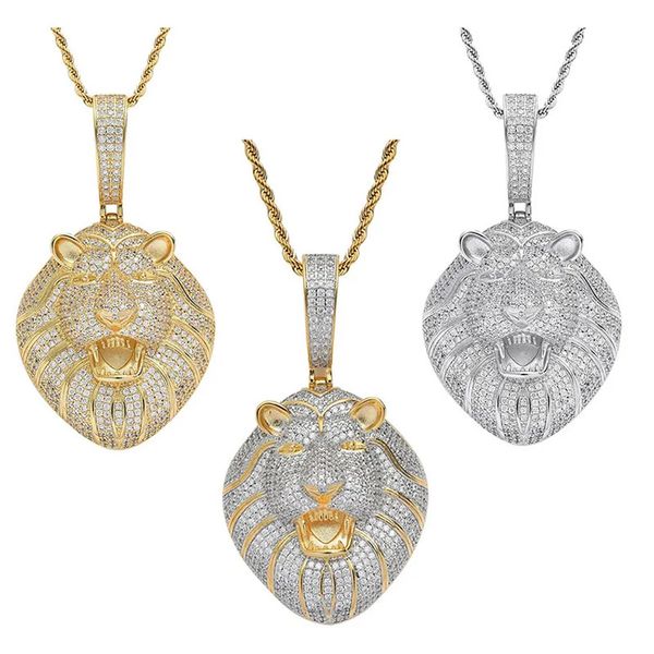 Bling Lion head Necklace Jewelry Set 18k Gold Diamond Cubic Zircon Animal Pendant Hip Hop Necklaces with Stainless Steel Chain for Women Men