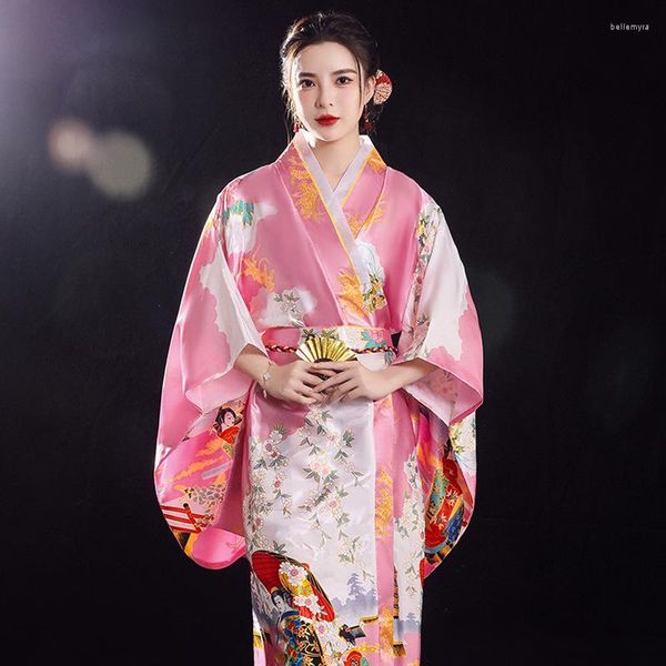 Abbigliamento etnico Long Pink Performance Kimono giapponese Accappatoio Abito Yukata con Obitage Evening Party Prom Dress Costume cosplay in raso