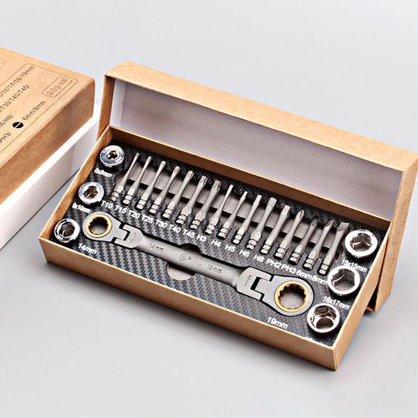 Schroevendraaier Conjunto de chave de soquete multifuncional com catraca, chave de extremidade de caixa, métrica com adaptador, chave de fenda, ferramenta de reparo automático de tubo de prumo