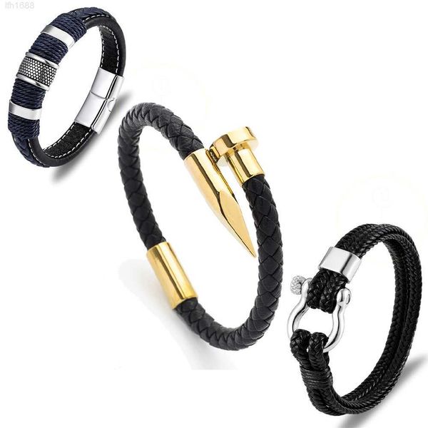 Mode Punk Luxus Frauen Männer Pulseras Edelstahl Hufeisen Schnalle Multilayer Geflecht Echtes Blaues Leder Armband