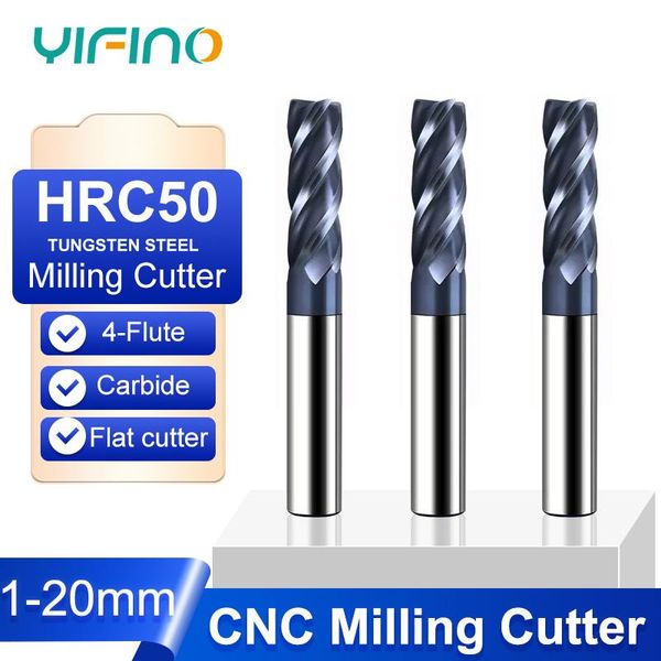 Frees yifino hrc50 tungsten çelik uç değirmeni 4flute düz dipli kesici nanokoating karbür için cnc mekanik öğütme kesici aletler