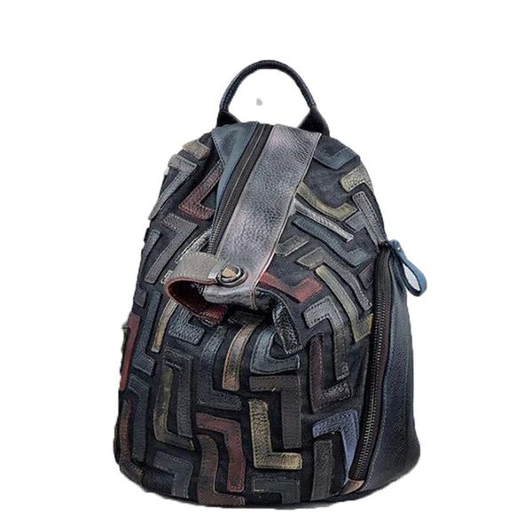 Anti-roubo de couro genuíno mochila vintage Mulheres retro chique de retalhos diários mochila feminina feminina feminina packsack271a