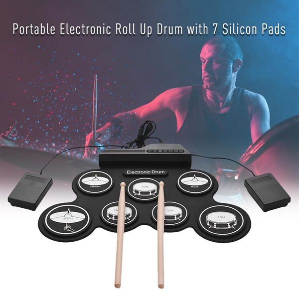 7 almofadas de tambor eletrônico portátil Conjunto de bateria eletrônica portátil Drum Silicon Pads Kit com pedais e batalhas