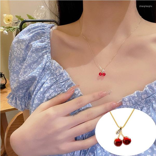 Anhänger Halsketten Nettes Mädchen Rote Kirsche Halskette Kirschen Edelstahl Für Frauen Zirkonia Choker Weibliche Schmuck Geschenke