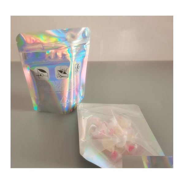 Bolsas de embalagem Plástico selvável varejo de varejo transparente embalagem infantil Pacote holográfico transparente bolsa de cheiro de cheiro mylar saco para flor seca dhyma