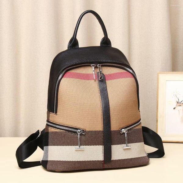 Borse da scuola Zaino in pelle da donna Borsa da donna in tela di vera pelle bovina Grid Zaini naturali neri da donna di alta qualità